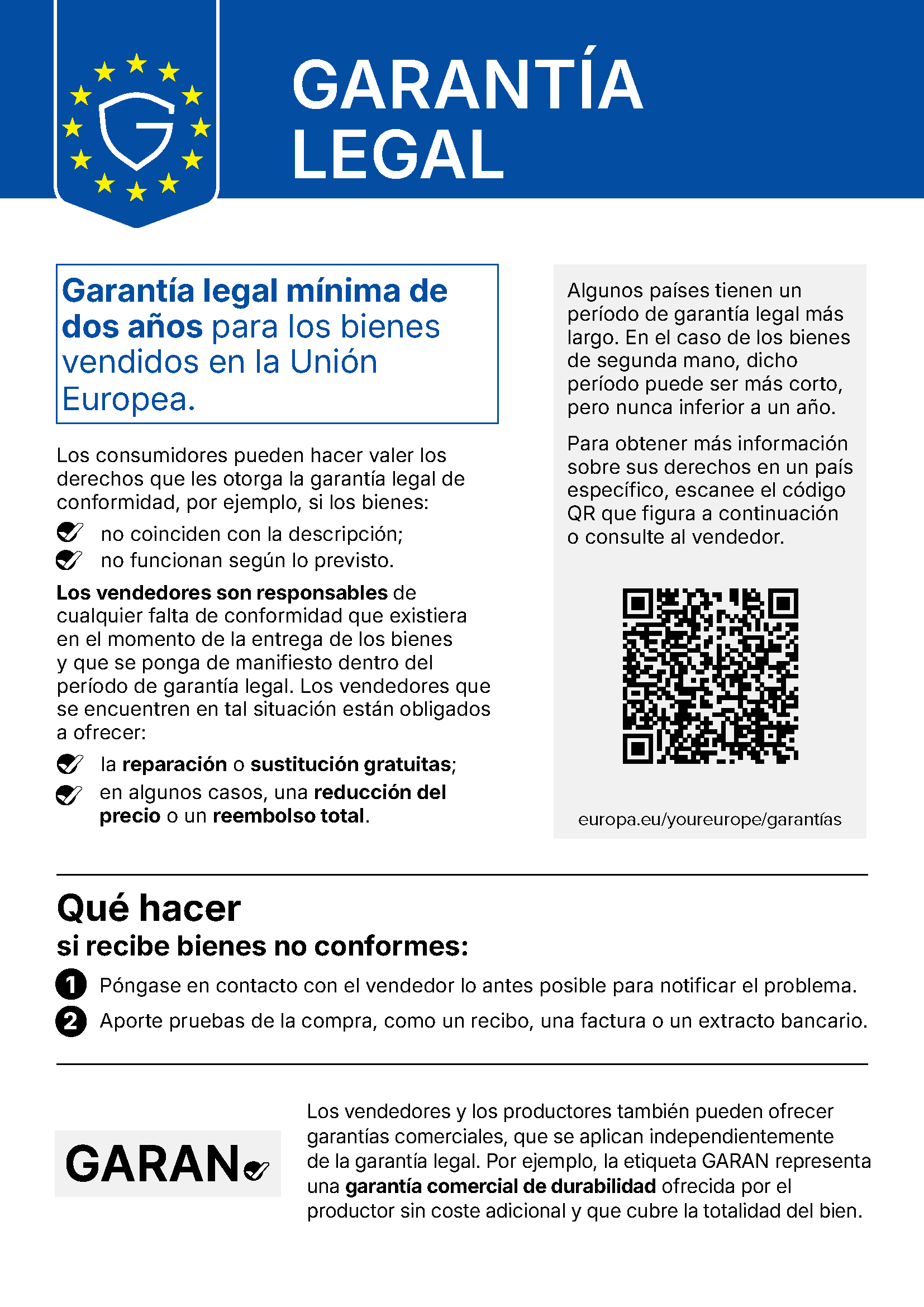 Garantía Legal de Conformidad 1 Aviso armonizado de la Unión Europea acerca de la garantía legal de aceptación